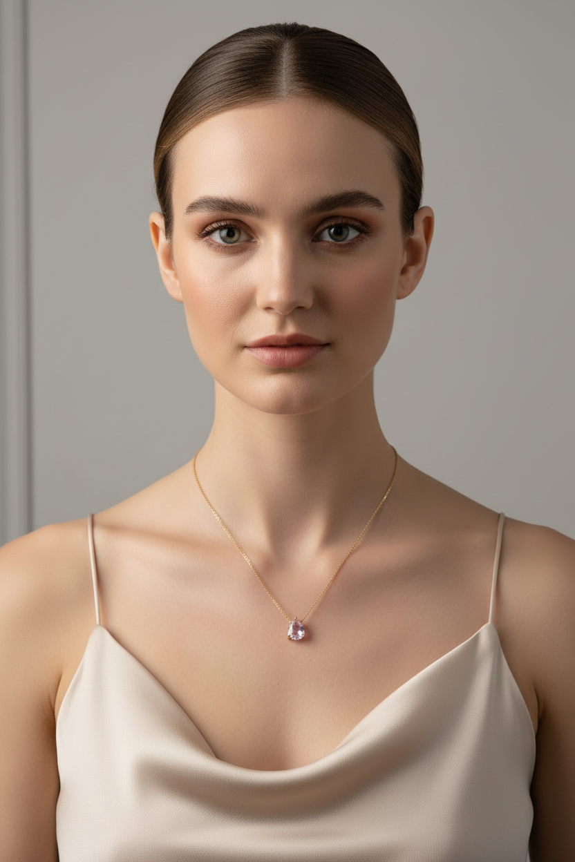 Caucasian Irish model wearing Lilac Dew Necklace - front view with same model