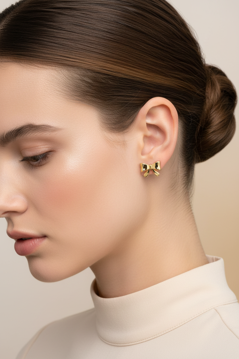Caucasian European model wearing Golden Bow Earrings - side angle