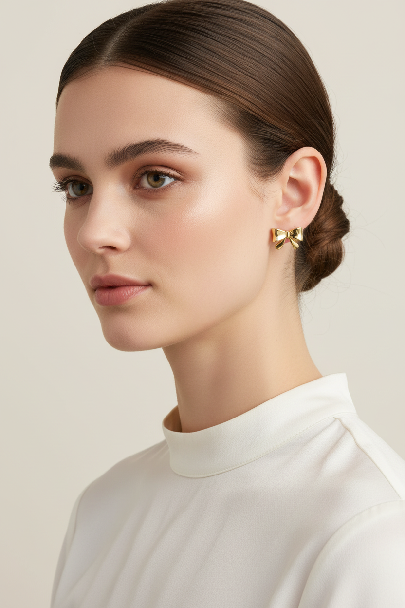 Caucasian European model wearing Golden Bow Earrings - three-quarter angle