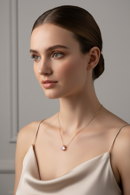 Caucasian Irish model wearing Lilac Dew Necklace - three-quarter angle