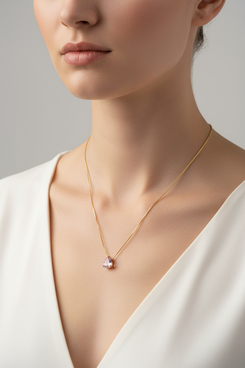 Caucasian Irish model wearing Lilac Dew Necklace